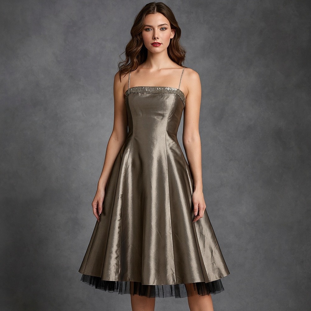 Laundry by Shelli Segal Silk Blend Beaded Tulle Hem Cocktail Dress Sage 4 NWT